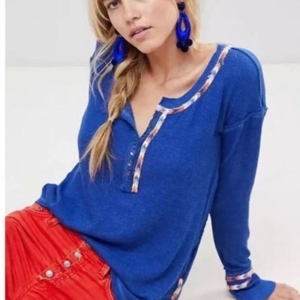Free People "We the Free" Blue Rainbow Embroidered Henley Thermal Top size S